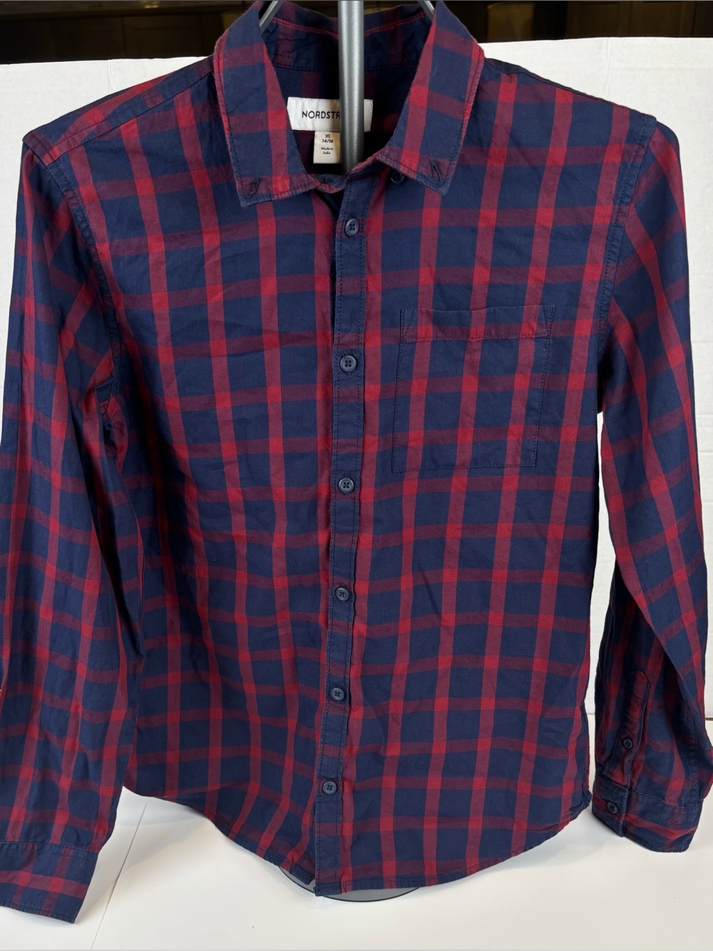 Nordstrom Boys Blue Red Plaid Button Down Shirt XL 14/16 Cotton Lyocell Blend